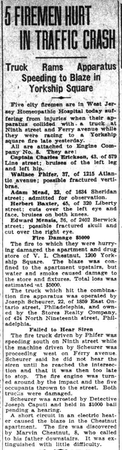 Camden Courier-Post, March 8, 1932 — 5 Firemen Hurt in Traffic Crash
