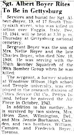 Obituary: Sgt. Albert Boyer Rites To Be in Gettysburg