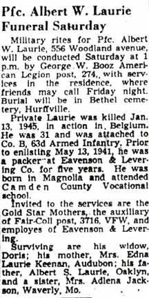 Obituary: Pfc. Albert W. Laurie Funeral Saturday