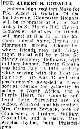 Obituary notice for Pfc. Albert S. Godalla, Camden Courier-Post, March 1, 1949