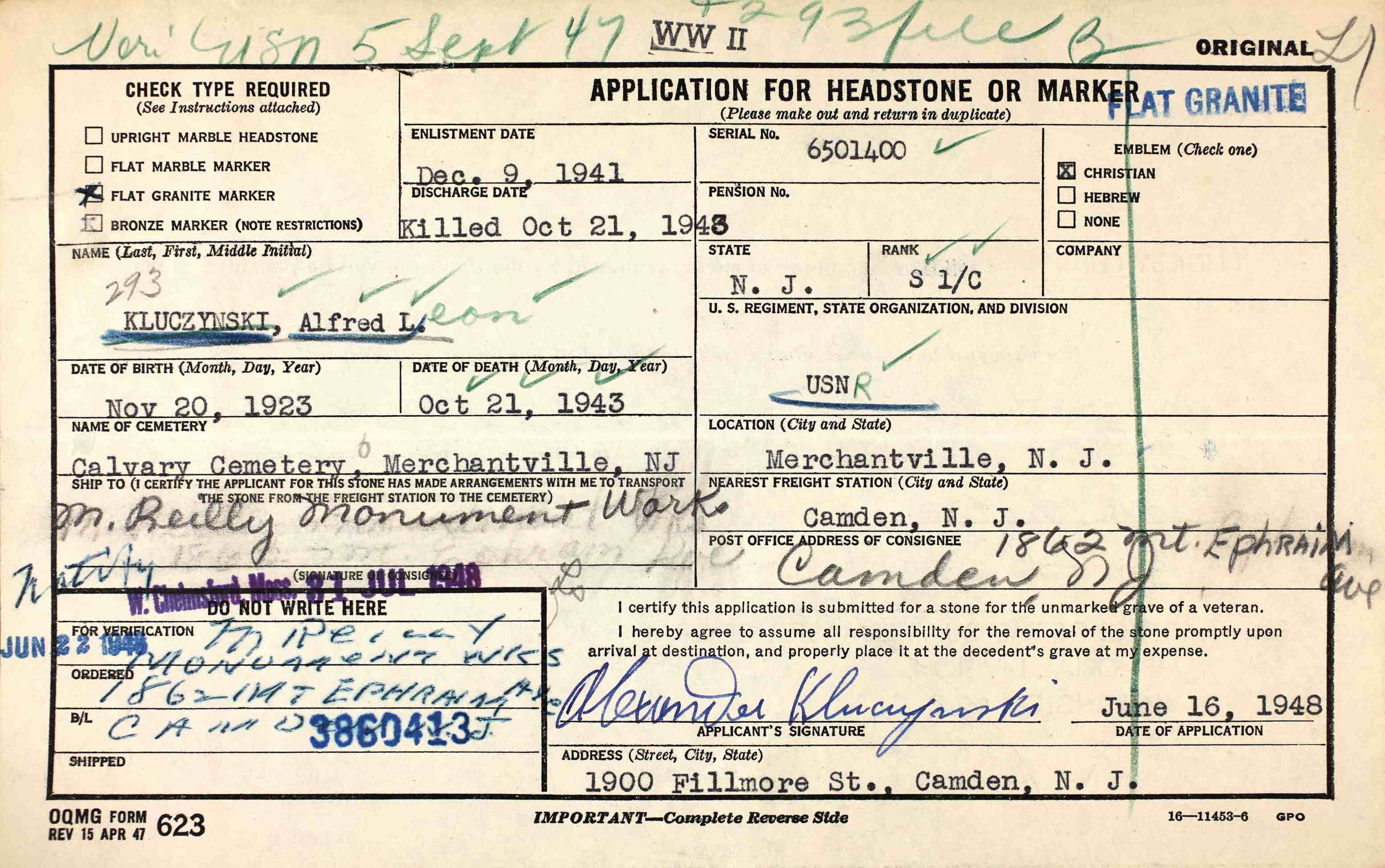 U.S. National Cemetery Interment Control Form for Alfred Leon Kluczynski