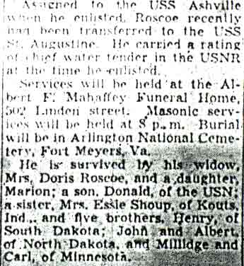 Roscoe Funeral Will Be Sunday — Camden Courier-Post, January 13, 1944 (continued)