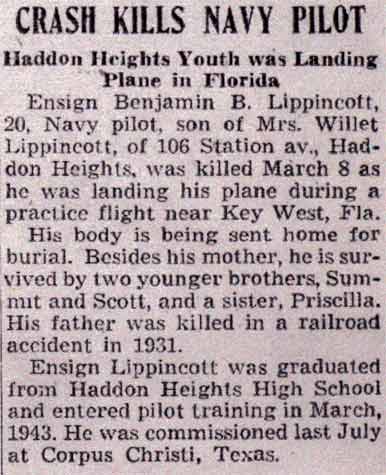 Crash Kills Navy Pilot — newspaper death notice