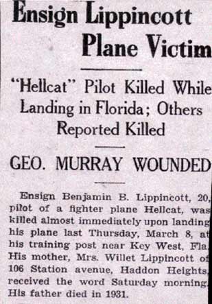 Ensign Lippincott Plane Victim — 'Hellcat' Pilot Killed While Landing in Florida