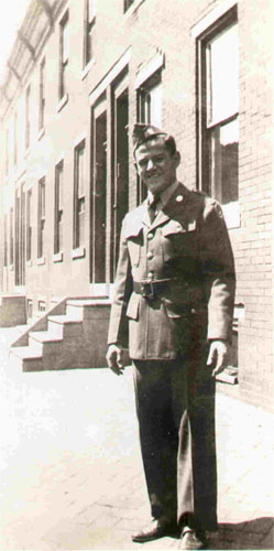 Baring Street looking south from Chestnut Street, with Staff Sergeant Benjamin Kaplan of 1111 Baring Street on leave in Camden, about 1942