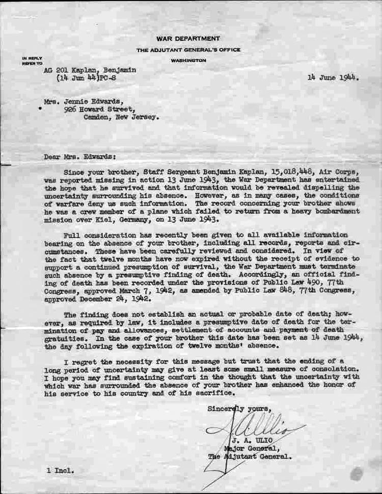 Adjutant General's Office notification letter regarding Staff Sergeant Benjamin Kaplan, June 14, 1944