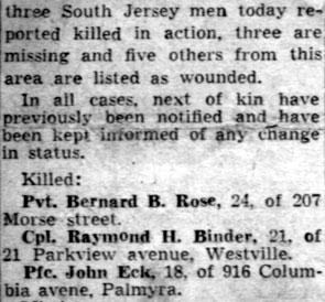 3 So. Jersey Men Killed in Action — Camden Courier-Post, 1945