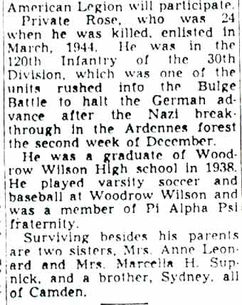 Rites Set Sunday For Private Rose — Camden Courier-Post, April 8, 1949