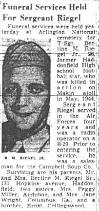 Newspaper clipping: Funeral Services Held For Sergeant Riegel, Camden Courier-Post, March 11, 1948