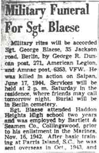 Camden Courier-Post obituary for Sgt. George Blaese, June 1948