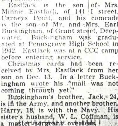 Camden Courier-Post, January 5, 1944 — biographical details for Eastlack and Buckingham