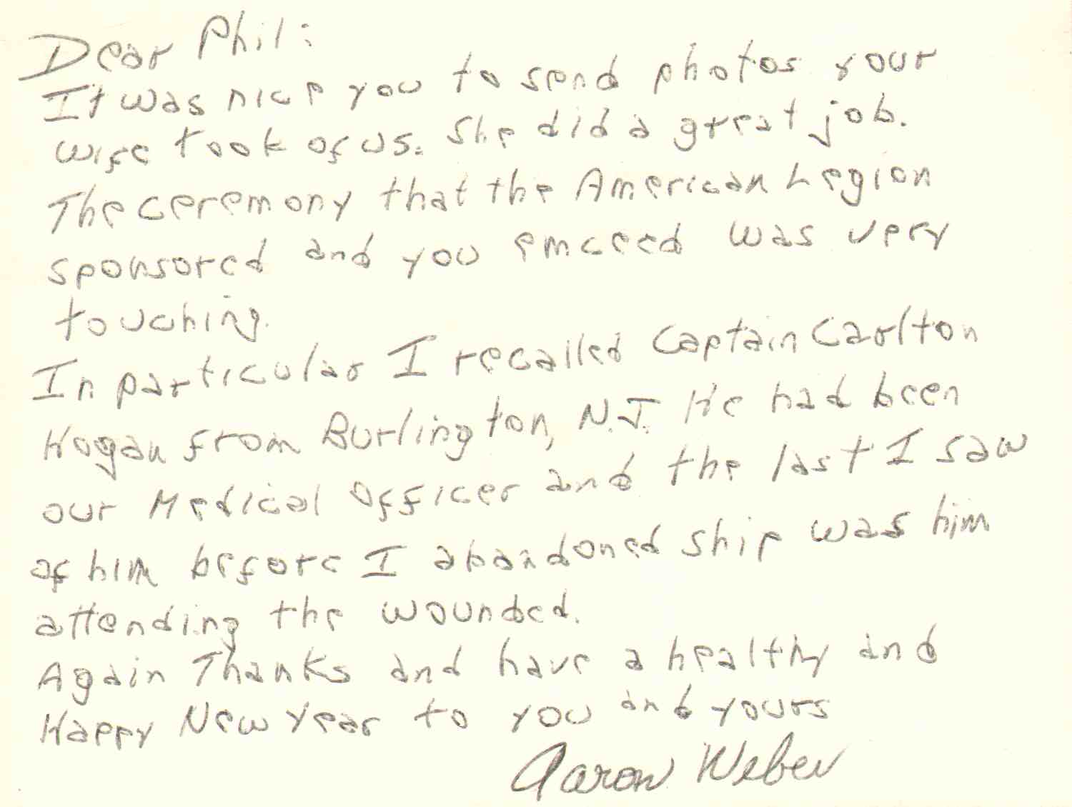 Note sent to Phil Cohen by Aaron Weber, Rohna survivor