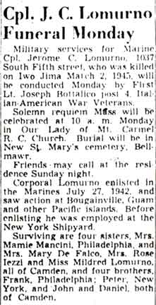 Cpl. J. C. Lomurno Funeral Monday — Camden Courier-Post, December 31, 1948