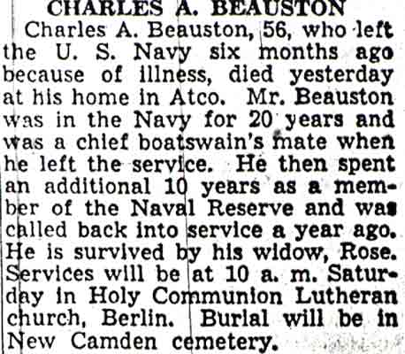 Charles A. Beauston obituary — Camden Courier-Post December 27, 1942