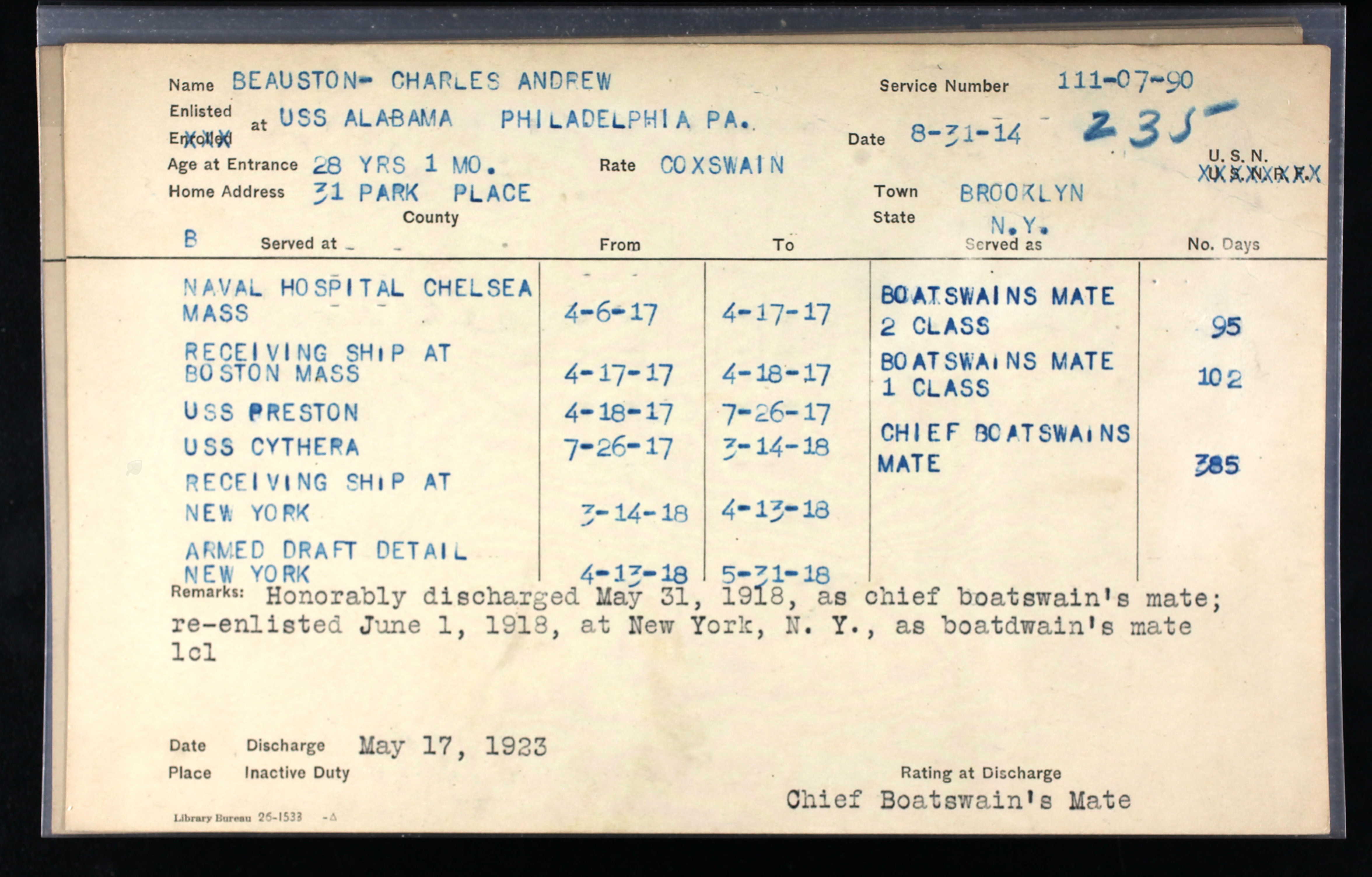 WWI service record for Charles Andrew Beauston