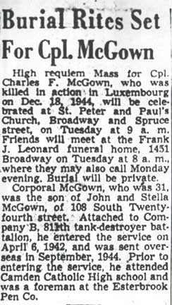 Burial Rites Set For Cpl. McGown — Camden Courier-Post, April 21, 1949