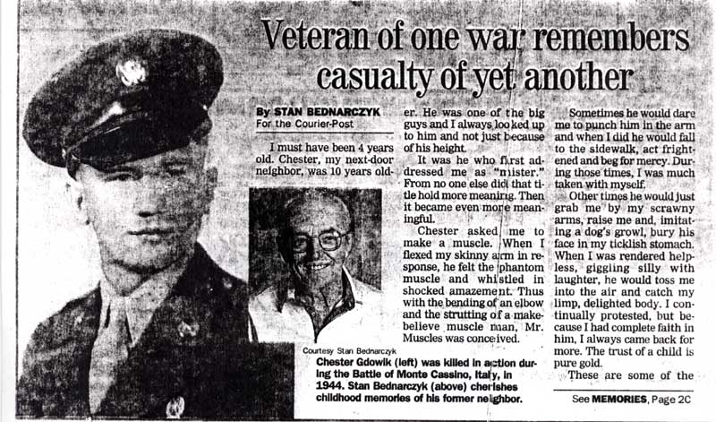 Veteran of one war remembers casualty of yet another — newspaper clipping, page 1