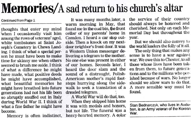 Veteran of one war remembers casualty of yet another — newspaper clipping, page 2