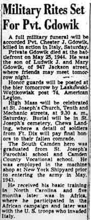 Military Rites Set For Pvt. Gdowik — obituary clipping