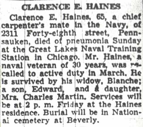 Clarence E. Haines — Camden Courier-Post obituary, October 6, 1942