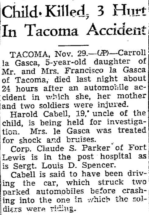 Child Killed, 3 Hurt In Tacoma Accident — Seattle Daily Times, November 29, 1943