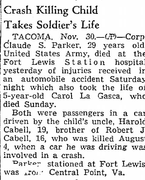 Crash Killing Child Takes Soldier's Life — Seattle Daily Times, November 30, 1943