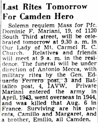 Last Rites Tomorrow For Camden Hero — obituary clipping