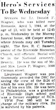 Hero's Services To Be Wednesday — obituary clipping