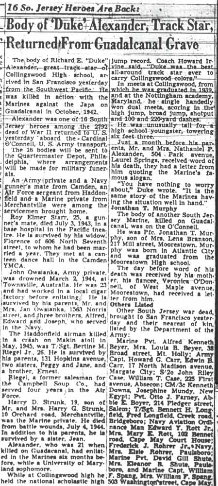 Body of 'Duke' Alexander Returned From Guadalcanal Grave, Camden Courier-Post, February 10, 1948