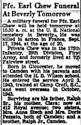 Obituary: Pfc. Earl Chew Funeral At Beverly Tomorrow