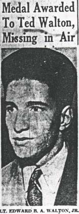 Newspaper headline: Medal Awarded To Ted Walton, Missing in Air, with portrait, Camden Courier-Post, June 20, 1944
