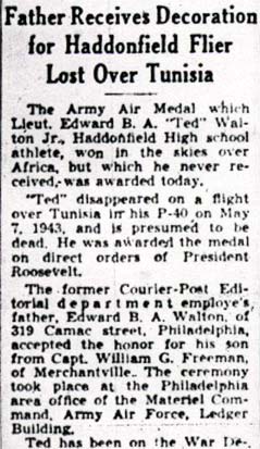 Newspaper clipping: Father Receives Decoration for Haddonfield Flier Lost Over Tunisia