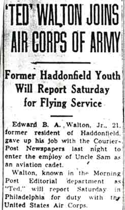Newspaper clipping: 'Ted' Walton Joins Air Corps of Army, Camden Courier-Post, December 23, 1941