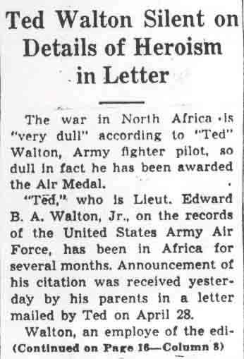 Newspaper clipping: Ted Walton Silent on Details of Heroism in Letter