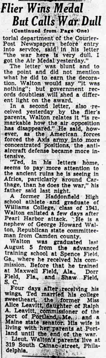 Newspaper clipping continued: Flier Wins Medal But Calls War Dull