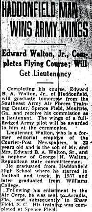 Newspaper clipping: Haddonfield Man Wins Army Wings, Camden Courier-Post, August 4, 1942