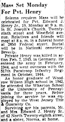 Obituary: Mass Set Monday For Pvt. Henry, Camden Courier-Post, November 21, 1947