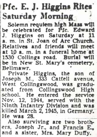 Pfc. E. J. Higgins Rites Saturday Morning — Camden Courier-Post, November 19, 1947