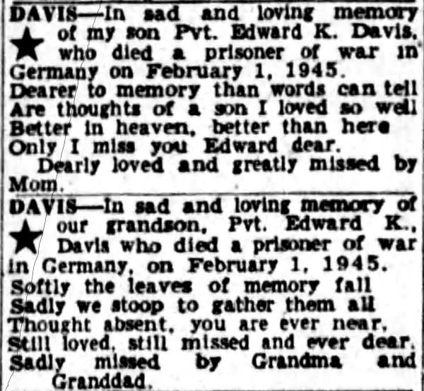 In memoriam notices for Edward K. Davis, Camden Courier-Post, January 31, 1959