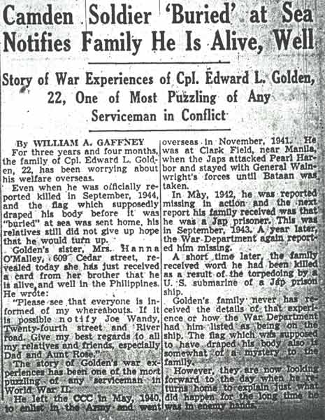 Camden Soldier 'Buried' at Sea Notifies Family He Is Alive, Well, Camden Courier-Post, September 14, 1944