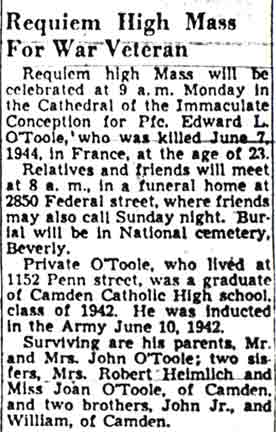 Requiem High Mass For War Veteran, Camden Courier-Post, May 19, 1948
