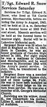 Camden Courier-Post obituary for T/Sgt. Edward R. Snow