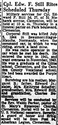 Obituary for Cpl. Edw. F. Still, Camden Courier-Post July 19 1948