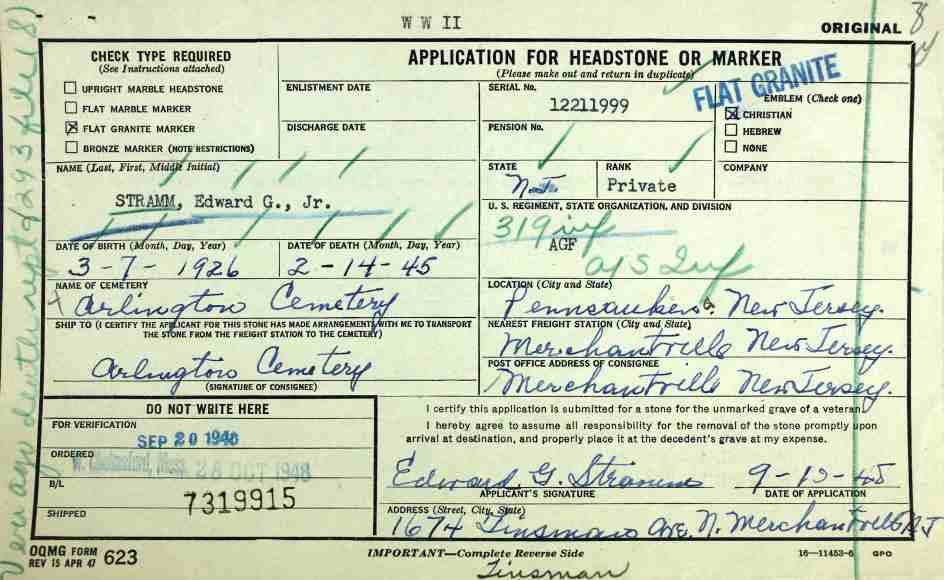Application for Headstone or Marker for Edward G. Stramm Jr.