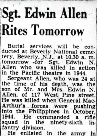 Newspaper: Sgt. Edwin Allen Rites Tomorrow (top)