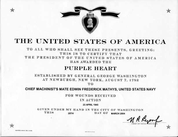 Purple Heart citation for Edwin Frederick Mathys, March 24, 2004