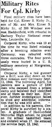 Newspaper clipping: Military Rites For Cpl. Kirby, Camden Courier-Post, November 23, 1949