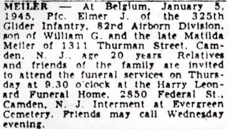 Death notice for Elmer J. Meiler, Camden Courier-Post, December 9, 1947