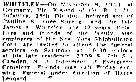 Death notice for Elwood A. Whiteley, Camden Courier-Post, December 9, 1944