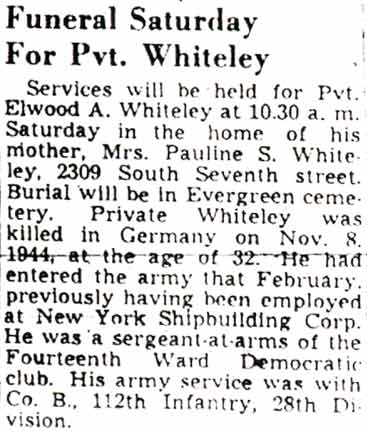 Funeral Saturday For Pvt. Whiteley, Camden Courier-Post, December 9, 1944